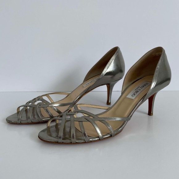JIMMY CHOO PEWTER SILVER SANDALS KITTEN HEELS OPEN TOE METALLIC VINTAGE FORMAL - Picture 2 of 10